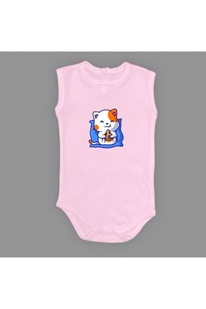 Baskılı Pizza Yiyen kedi Bebek Çıtçıtlı Body - MNK0662-AÇIK PEMBE-6 AY