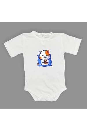 Baskılı Pizza Yiyen kedi Bebek Çıtçıtlı Body - MNK0662-BEYAZ-6 AY