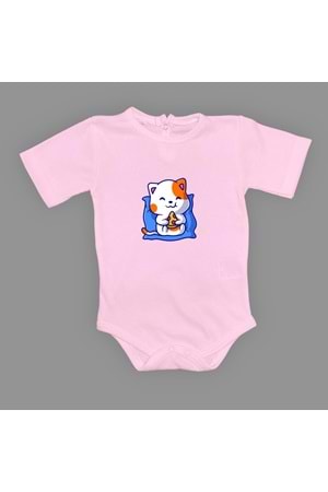 Baskılı Pizza Yiyen kedi Bebek Çıtçıtlı Body - MNK0662-KOYU PEMBE-6 AY