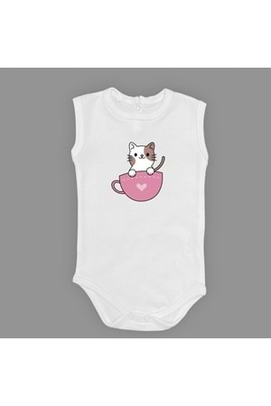 Baskılı Kalpli Fincan Kedi Bebek Çıtçıtlı Body - MNK0663-AÇIK EKRU-6 AY