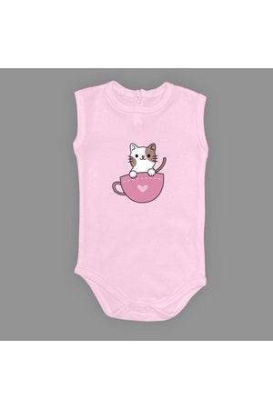 Baskılı Kalpli Fincan Kedi Bebek Çıtçıtlı Body - MNK0663-AÇIK PEMBE-6 AY