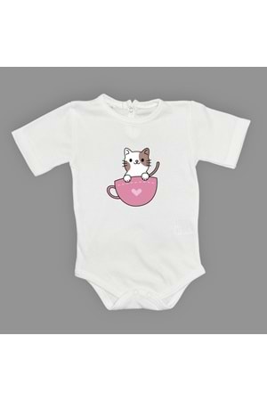 Baskılı Kalpli Fincan Kedi Bebek Çıtçıtlı Body - MNK0663-BEYAZ-6 AY