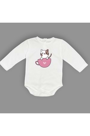 Baskılı Kalpli Fincan Kedi Bebek Çıtçıtlı Body - MNK0663-EKRU-6 AY