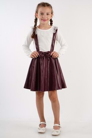 Deri Etekli Brode Yaka Kız Çocuk Takım MNK2113