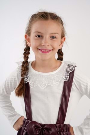 Deri Etekli Brode Yaka Kız Çocuk Takım MNK2113