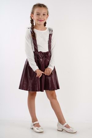 Deri Etekli Brode Yaka Kız Çocuk Takım MNK2113