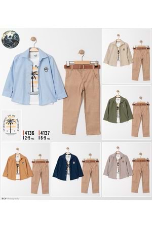 Palmiye Baskılı Tişört , Gömlek Ve Pantolon Takım MNK4136