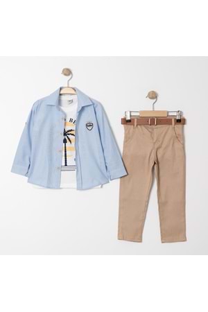 Palmiye Baskılı Tişört , Gömlek Ve Pantolon Takım MNK4136