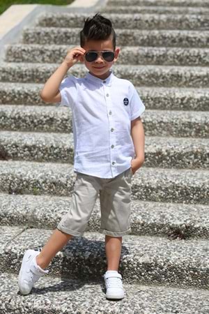 Keten Gömlek Dokuma Pantolon Kemerli Erkek Çocuk Takım MNK4306