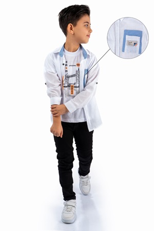 Çift Cepli Gömlek , Pantolon , T-Shirt 3Parça Pamuklu Erkek Çocuk Takım MNK965