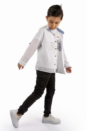 Çift Cepli Gömlek , Pantolon , T-Shirt 3Parça Pamuklu Erkek Çocuk Takım MNK965