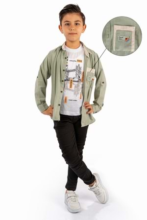 Çift Cepli Gömlek , Pantolon , T-Shirt 3Parça Pamuklu Erkek Çocuk Takım MNK965