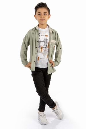 Çift Cepli Gömlek , Pantolon , T-Shirt 3Parça Pamuklu Erkek Çocuk Takım MNK965