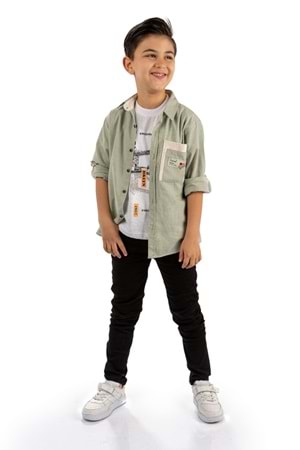 Çift Cepli Gömlek , Pantolon , T-Shirt 3Parça Pamuklu Erkek Çocuk Takım MNK965