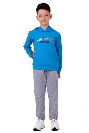 Erkek Çocuk Worldwide Winner Nakışlı Kanguru Cepli Kapüşonlu Eşofman Takımı