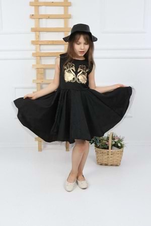 Miss Kuğu Varak Desen Şapkalı Kanatlı Kız Çocuk Elbise