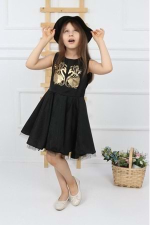 Miss Kuğu Varak Desen Şapkalı Kanatlı Kız Çocuk Elbise