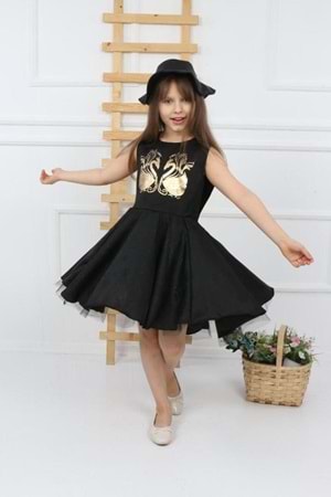 Miss Kuğu Varak Desen Şapkalı Kanatlı Kız Çocuk Elbise