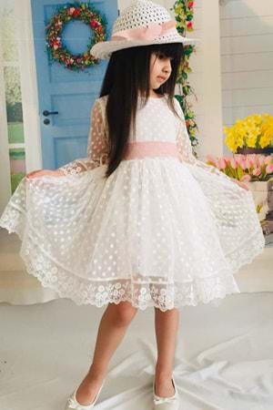 Krem 2 Yaş Şapkalı Dantelli Kız Çocuk Elbise