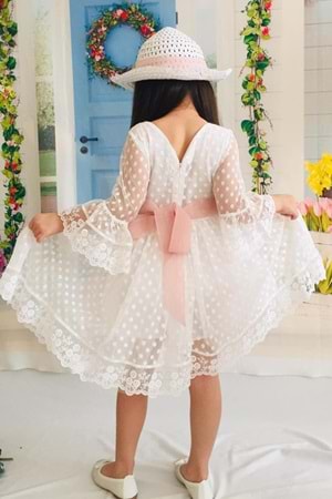 Krem 2 Yaş Şapkalı Dantelli Kız Çocuk Elbise