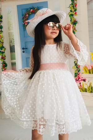 Krem 2 Yaş Şapkalı Dantelli Kız Çocuk Elbise