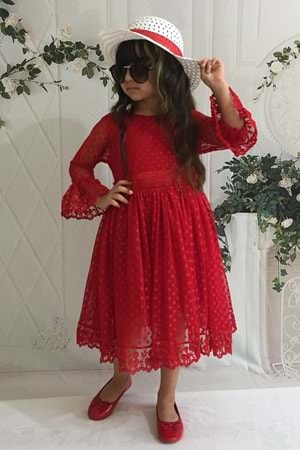 Kırmızı 1 Yaş Şapkalı Dantelli Kız Çocuk Elbise