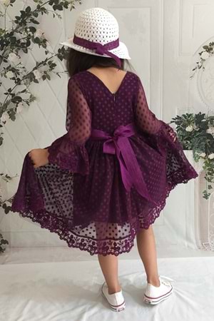 Mürdüm Renk 4 Yaş Şapkalı Dantelli Kız Çocuk Elbise