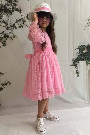 Pembe Şapkalı Dantelli 1 Yaş Kız Çocuk Elbise