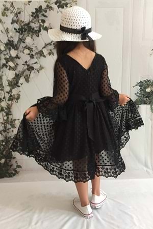 Siyah Şapkalı Dantelli 2 Yaş Kız Çocuk Elbise