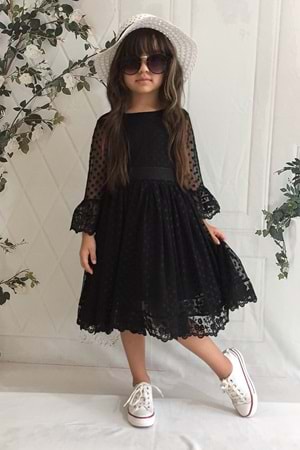 Siyah Şapkalı Dantelli 8 Yaş Kız Çocuk Elbise