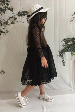 Siyah Şapkalı Dantelli 8 Yaş Kız Çocuk Elbise