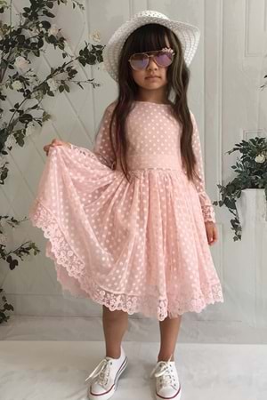 Somon Şapkalı Dantelli Kız Çocuk Elbise