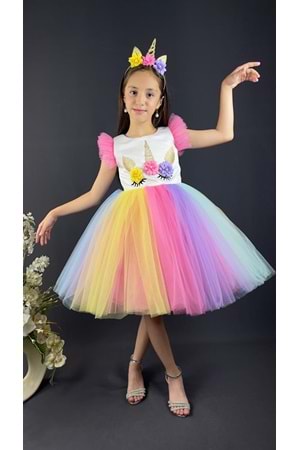 Rengarenk Etekli Taçlı Kız Çocuk Parti Elbisesi