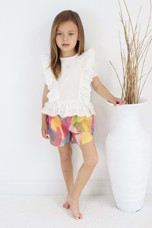 Fistolu Kelebek Motif Şortlu Pamuk Dokuma Kız Çocuk Takım TF7352