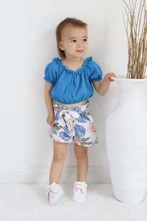 Palmiye Desen Müslin Kumaş Şortlu Kız Çocuk Takım TF7355