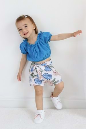 Palmiye Desen Müslin Kumaş Şortlu Kız Çocuk Takım TF7355