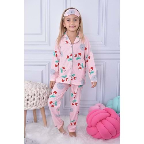 Kız Çocuk Kiraz Baskılı Penye , Uyku Maskeli Pijama Takım M00668