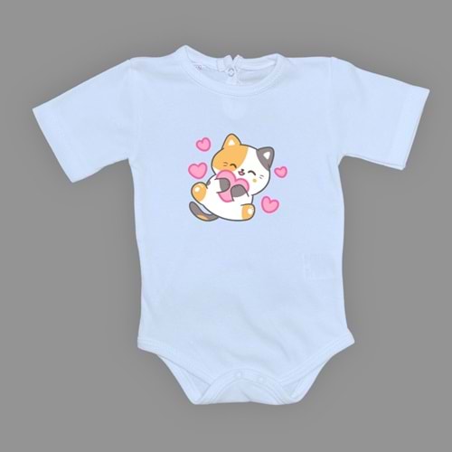 Kalpli Kedi Baskılı Bebek Çıtçıtlı Body Uzun Kısa Kolsuz