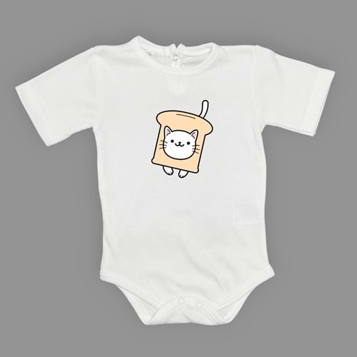 Ekmek Kedi Baskılı Bebek Çıtçıtlı Body Uzun Kısa Kolsuz