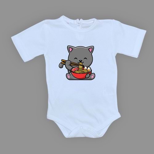 Yemek Yiyen Kedi Baskılı Bebek Çıtçıtlı Body Uzun Kısa Kolsuz