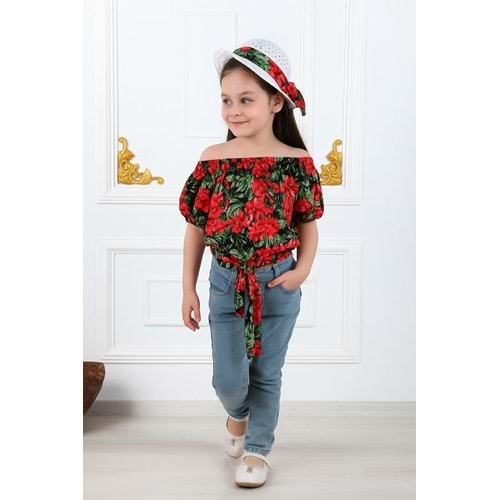 Kız Çocuk Şapkalı , Jeans Pantolon , Bluz Yazlık İkili Takım M00731