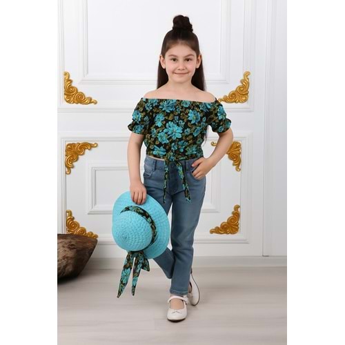 Kız Çocuk Şapkalı , Jeans Pantolon , Bluz Yazlık İkili Takım M00731