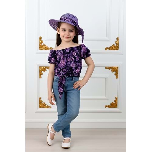 Kız Çocuk Şapkalı , Jeans Pantolon , Bluz Yazlık İkili Takım M00731