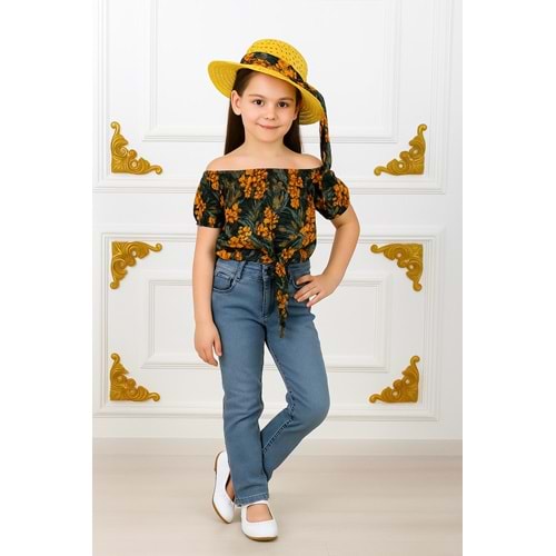 Kız Çocuk Şapkalı , Jeans Pantolon , Bluz Yazlık İkili Takım M00731