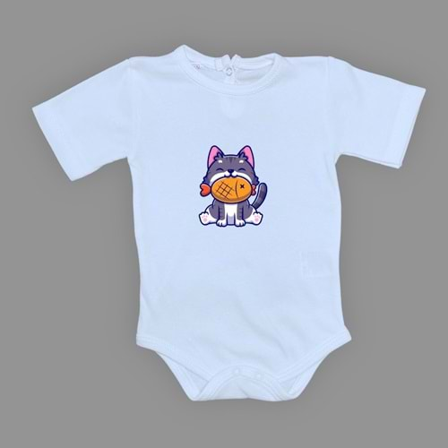 Baskılı Balıklı Kedi Bebek Çıtçıtlı Body - MNK0658-BEBE MAVİ-1 YAŞ