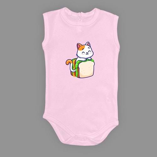 Baskılı Tost Kedi Bebek Çıtçıtlı Body - MNK0660-AÇIK PEMBE-6 AY