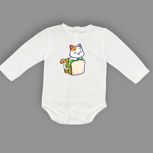 Baskılı Tost Kedi Bebek Çıtçıtlı Body - MNK0660-EKRU-6 AY