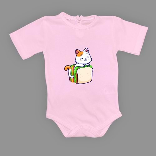 Baskılı Tost Kedi Bebek Çıtçıtlı Body - MNK0660-KOYU PEMBE-6 AY