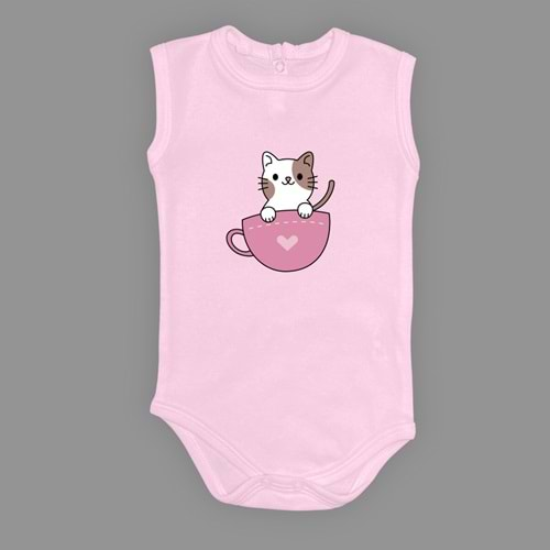 Baskılı Kalpli Fincan Kedi Bebek Çıtçıtlı Body - MNK0663-AÇIK PEMBE-6 AY