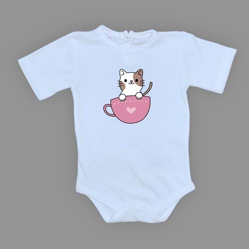 Baskılı Kalpli Fincan Kedi Bebek Çıtçıtlı Body - MNK0663-BEBE MAVİ-6 AY